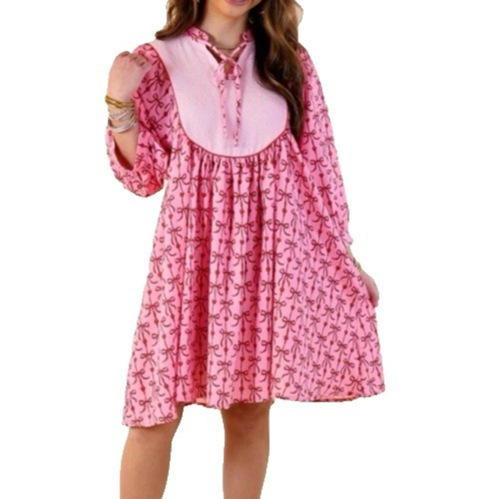Simply Southern Pink Bow Yoke Babydoll Dress Puff Sleeve Valentine Coquette L - Picture 9 of 13